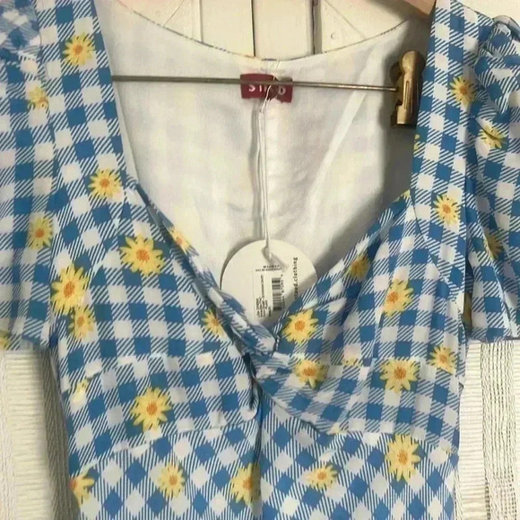 NWT Staud Lea Dress, Blue + White Gingham Daisy Plaid, Slit, Cap Sleeves, SZ 00 - Picture 5 of 8